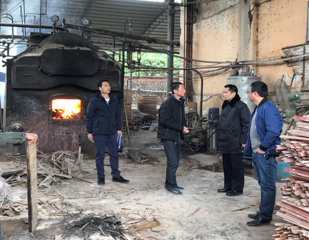 图为检查组在木材加工厂检查